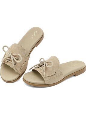 Womens Beige Comfortable Faux Suede Upper Slide Slip-On Casual Flat Sandal Shoes